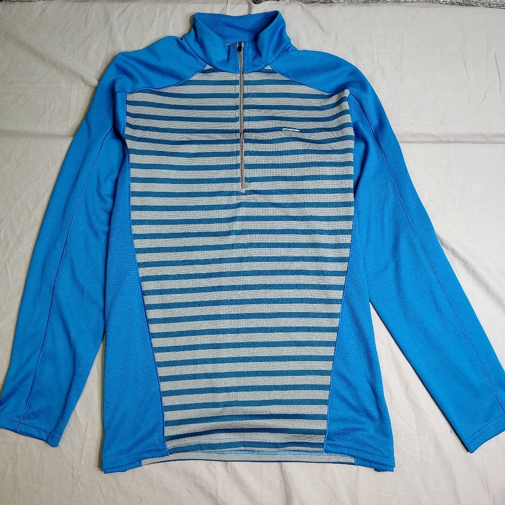 Patagonia Capilene 3 Shirt Mens XL Blue Gray Midweight Base Layer Stripe 1/4 Zip